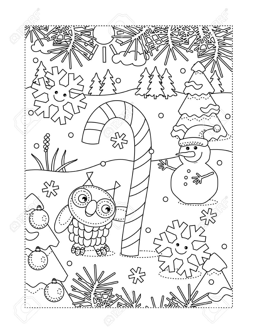 Winter holidays joy themed coloring page with big magic candy cane owl snowman two cheerful snowflakes outdoor scene royalty free svg cliparts vectors and stock illustration image