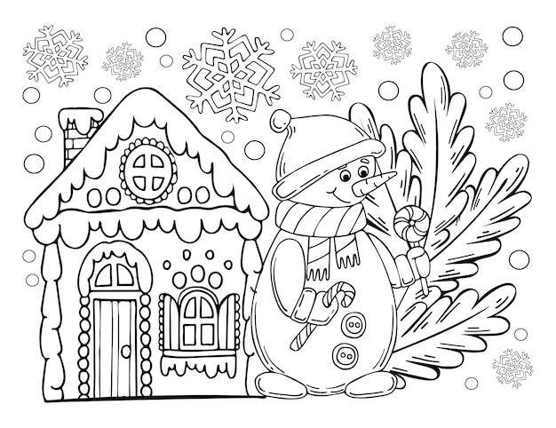 Premium vector christmas gingerbread house vector coloring page snowman fir branch snowflake sweet festive cookies hand drawn line art winter illustration happy holiday coloring book for children and adults