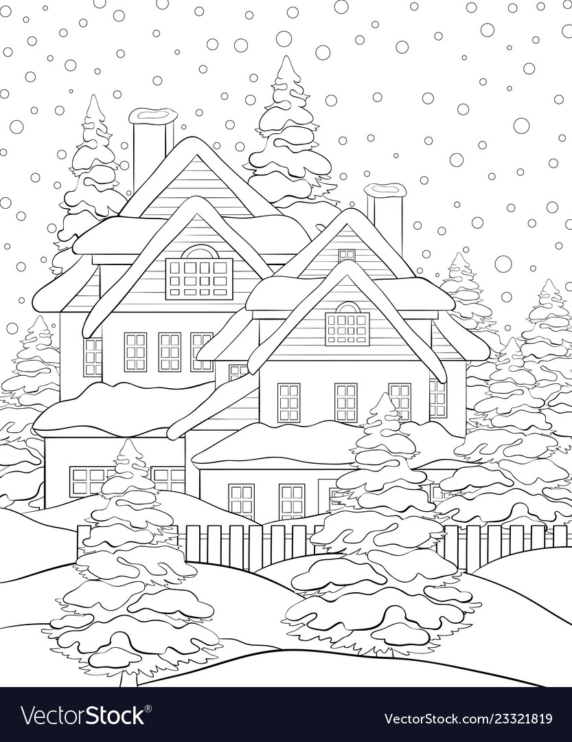 Adult coloring bookpage a cute winter landscape vector image