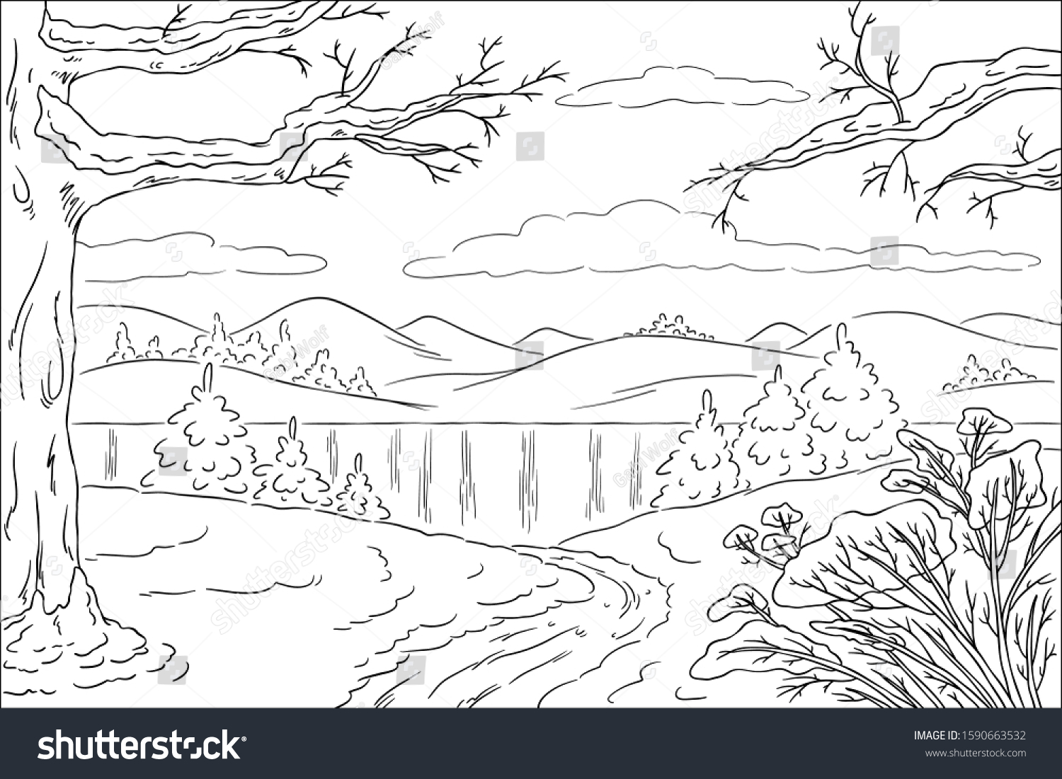 Coloring book winter landscape hand draw stock vector royalty free