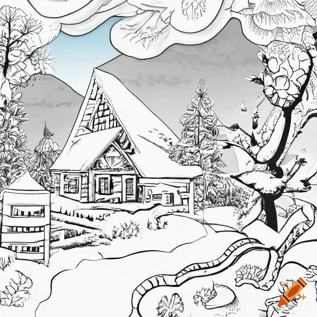 Winter landscape coloring sheet on