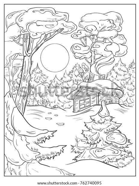 Winter landscape house moon forestpage coloring stock vector royalty free