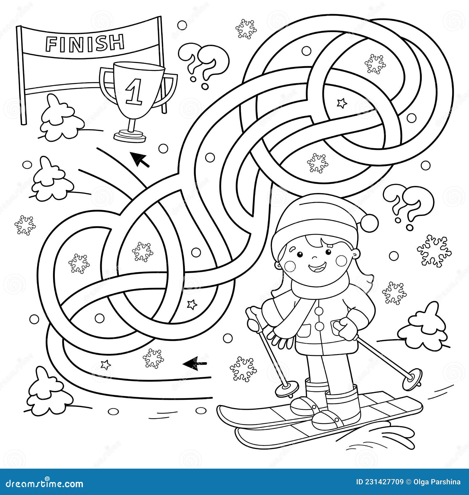 Maze or labyrinth game puzzle tangled road coloring page outline of cartoon girl skiing winter sports stock vector