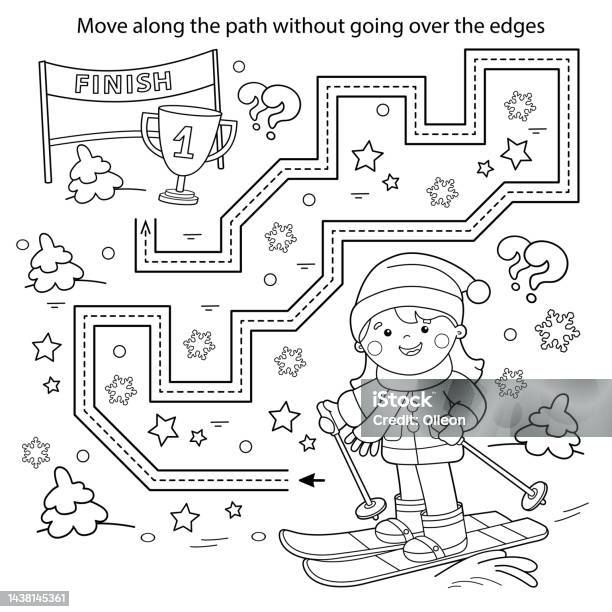 Handwriting practice sheet simple educational game or maze coloring page outline of cartoon girl skiing winter sports coloring book for kids stock illustration