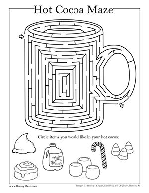 Free winter themed mazes and activity pages for kids snowma maze snowflakes hot chocolate igloo aâ christmas school christmas worksheets christmas classroom