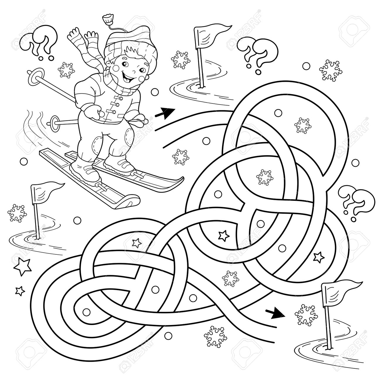 Maze or labyrinth game puzzle tangled road coloring page outline of cartoon boy skiing winter sports coloring book for kids royalty free svg cliparts vectors and stock illustration image