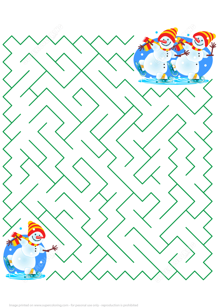 Winter maze puzzle with snowman free printable puzzle games