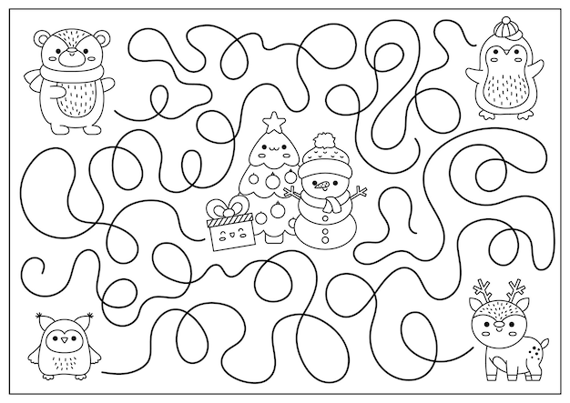 Premium vector christmas black and white maze for kids winter line holiday preschool printable activity with cute kawaii deer penguin bear tree snowman new year labyrinth game puzzle or coloring page