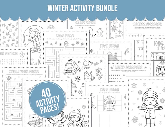 Winter printable activity bundle including coloring pages word search word scramble games maze activity and more winter kids activities instant download