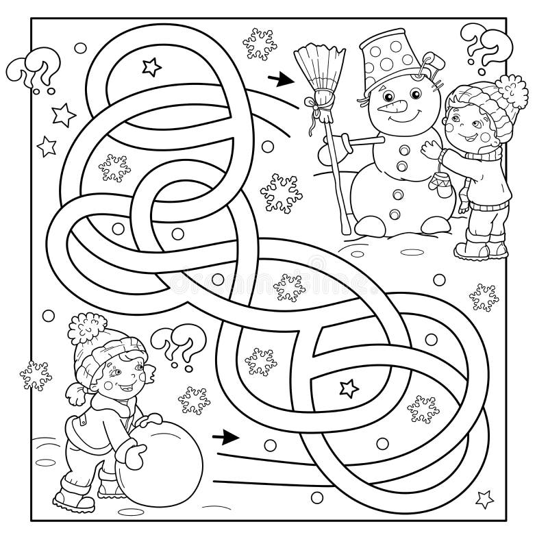 Maze or labyrinth game puzzle tangled road coloring page outline of cartoon boy with girl making snowman together winter stock vector