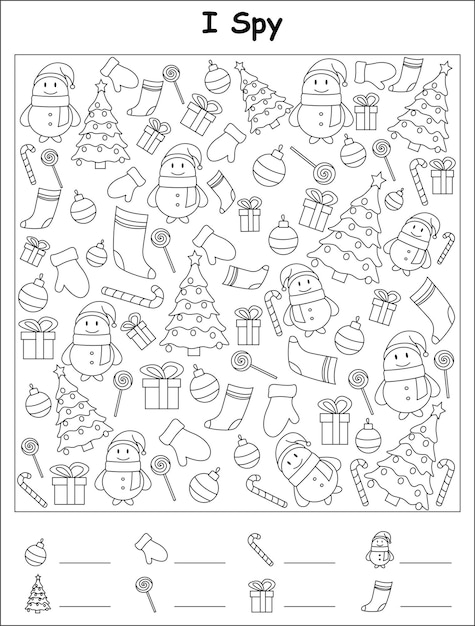 Premium vector winter activities for children christmas worksheet for kids i spy pages winter maze pages hidden