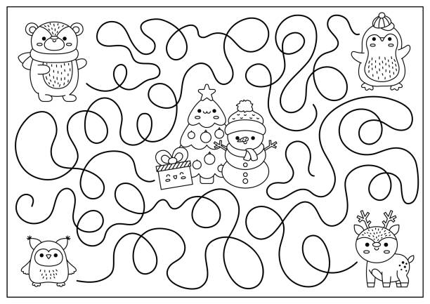 Christmas black and white maze for kids winter line holiday preschool printable activity with cute kawaii deer penguin bear tree snowman new year labyrinth game puzzle or coloring page stock illustration