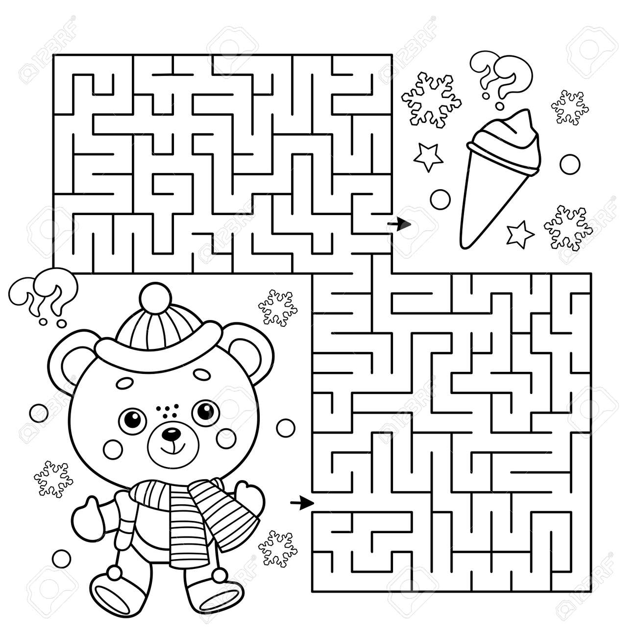 Maze or labyrinth game puzzle coloring page outline of little toy bear with ice cream winter coloring book for kids royalty free svg cliparts vectors and stock illustration image