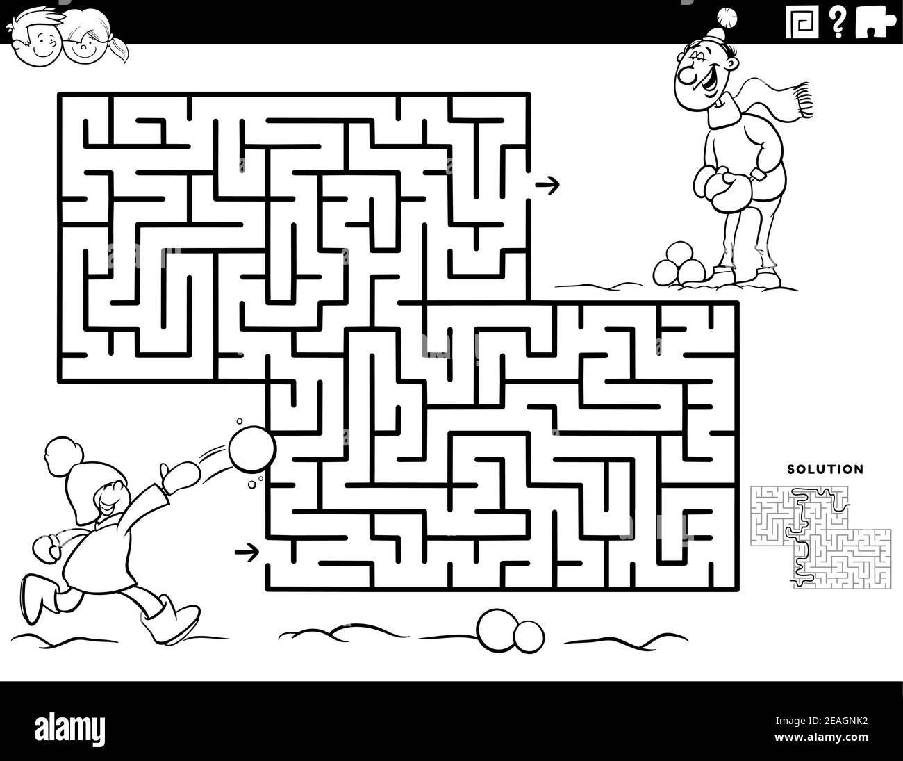 Black and white cartoon illustration of educational maze puzzle game for children with boy and his dad on winter time coloring book page stock vector image art