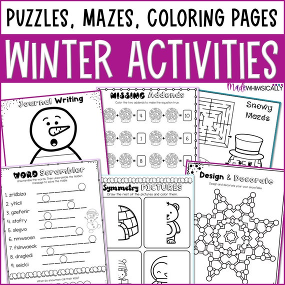 Winter coloring pages printable winter puzzles and mazes winter themed math phonics and writing activities instant download