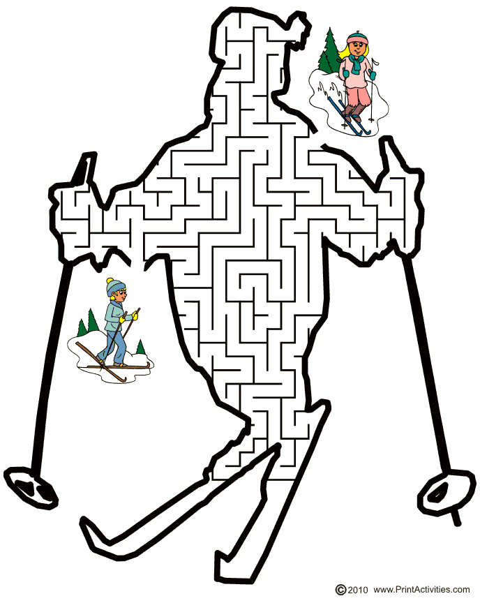 Ski maze free printable skier shaped maze