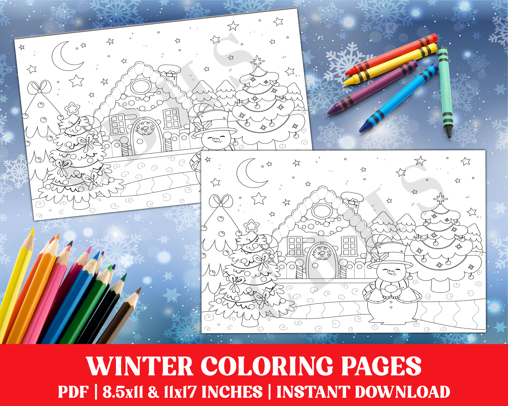 Christmas coloring page winter night christmas tree and snowman holiday coloring sheet made by teachers