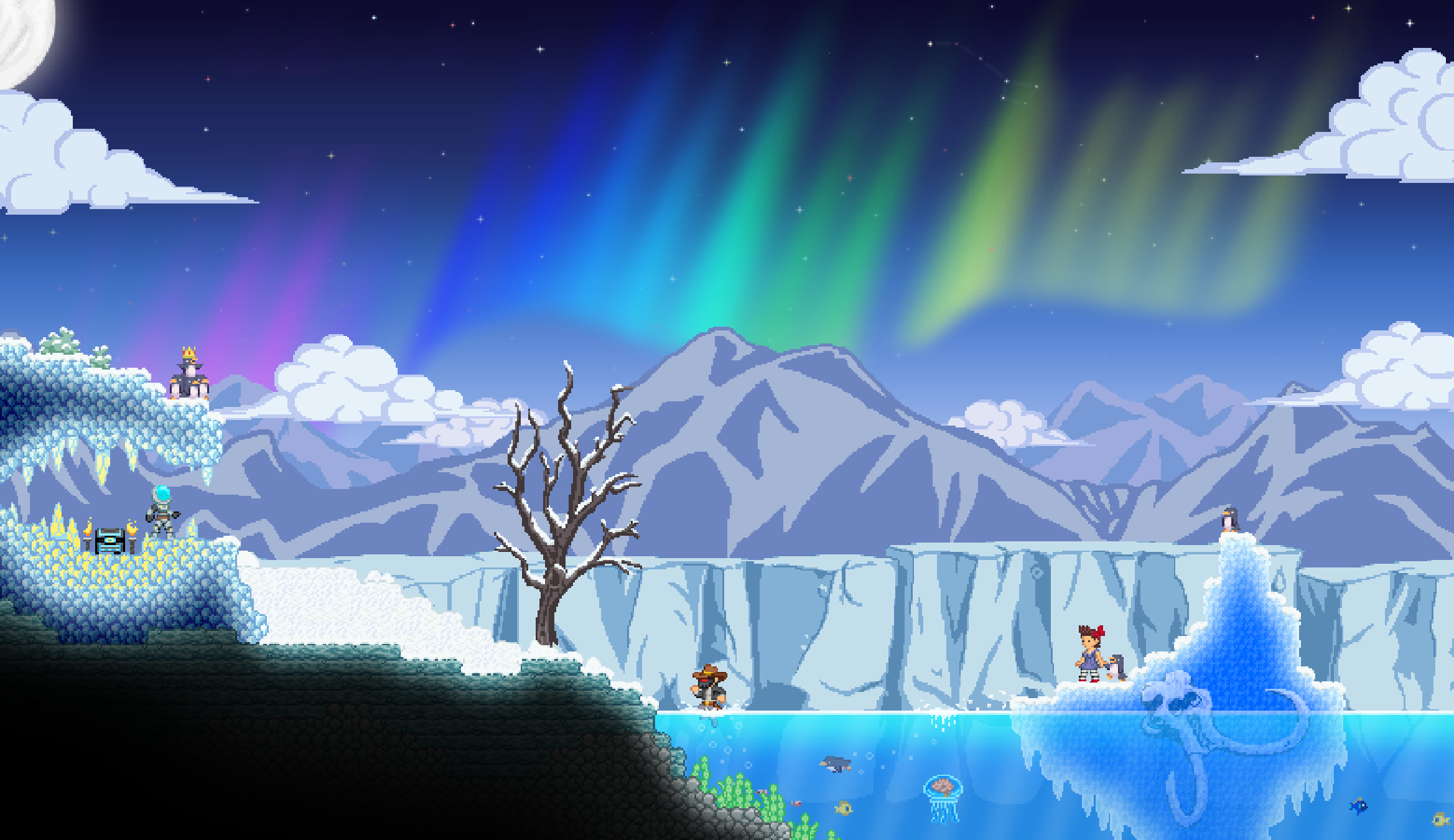 Digital art clouds pixels pixel art trees winter night mountains fictional characters iceberg aurorae starbound stars landscape nature pixelated snow