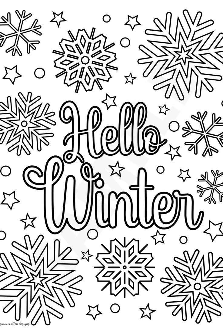 Hello winter snowflake coloring page winter holiday activities xmas family fun adult and kids coloring page pdf instant download