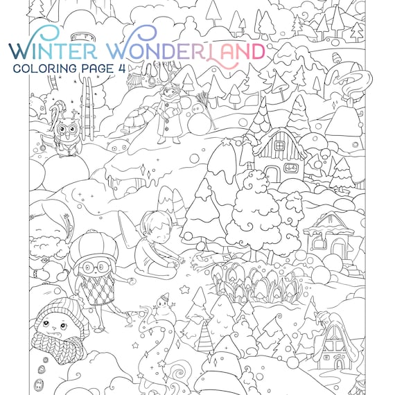 Winter wonderland adult coloring page cute christmas coloring santa kids snowman xmas doodle digital download pdf printable by jen katz download now