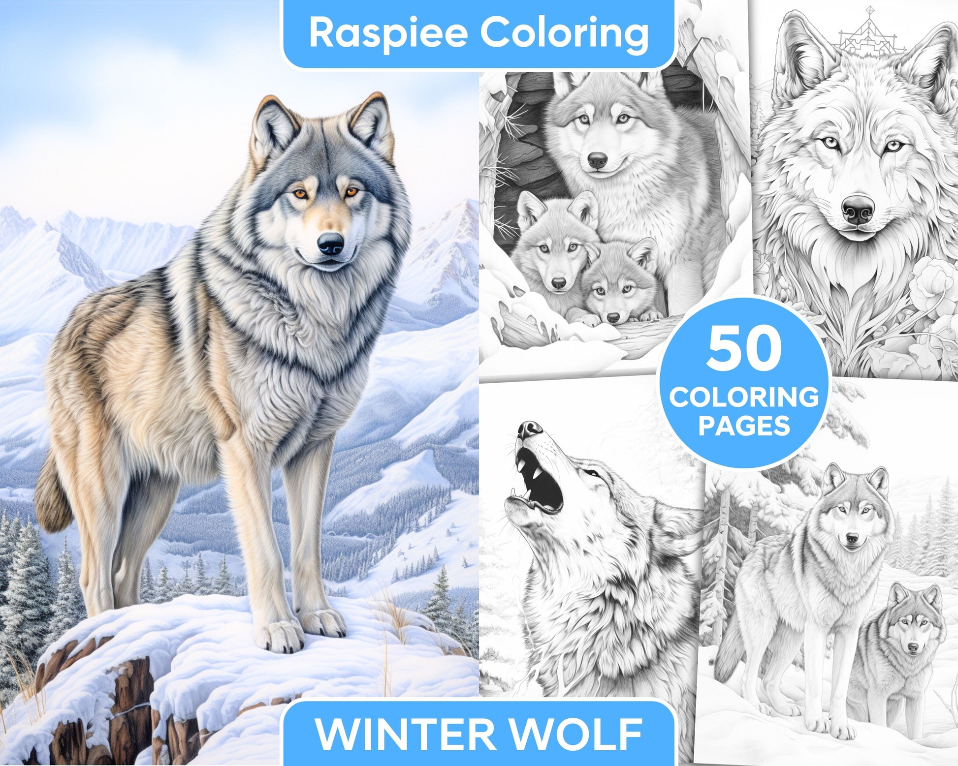 Winter wolf grayscale coloring pages for adults printable pdf inst â coloring