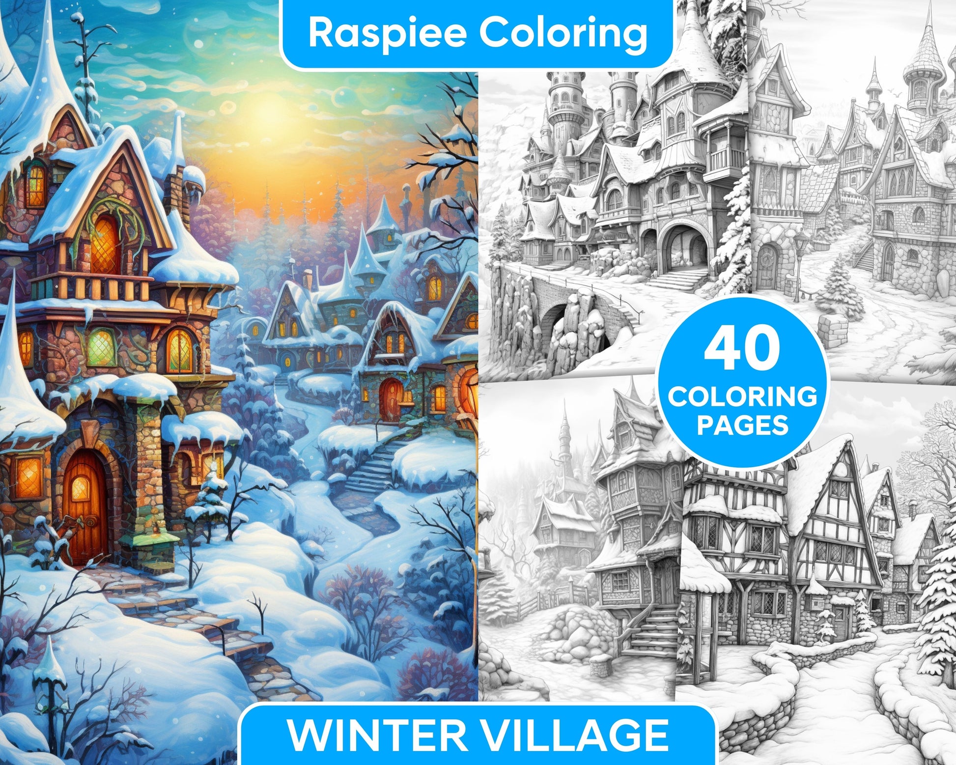 Fantasy winter village grayscale coloring pages for adults pdf fil â coloring