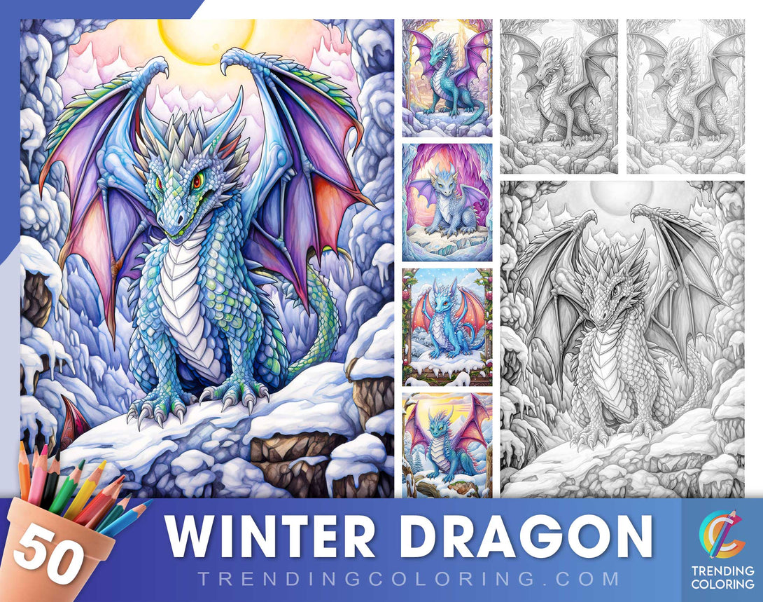 Winter dragon grayscale coloring pages