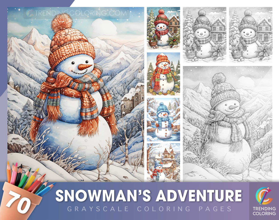 Snowmans adventure grayscale coloring pages