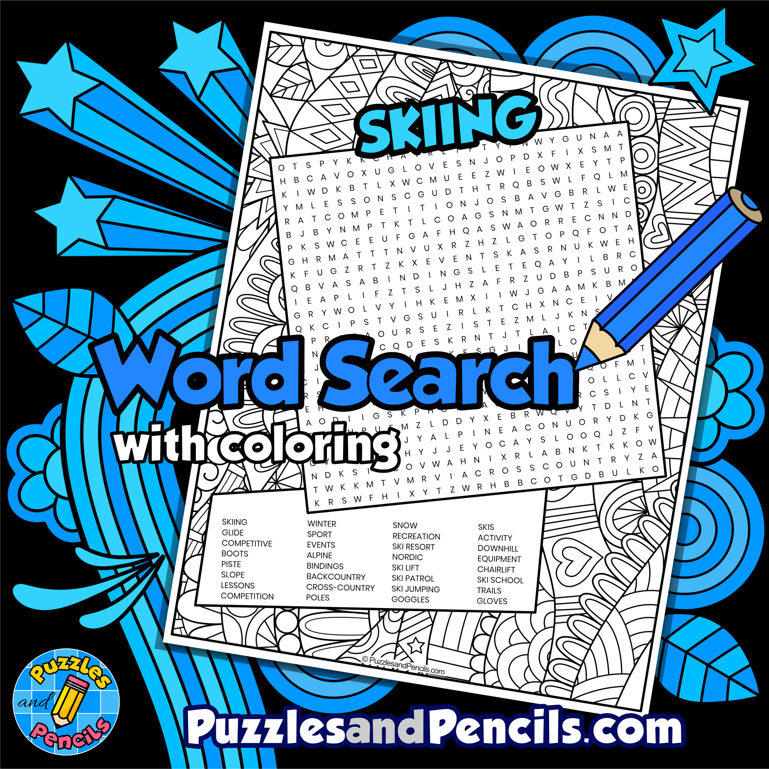 Skiing word search puzzle activity page with coloring seasons winter made by teachers