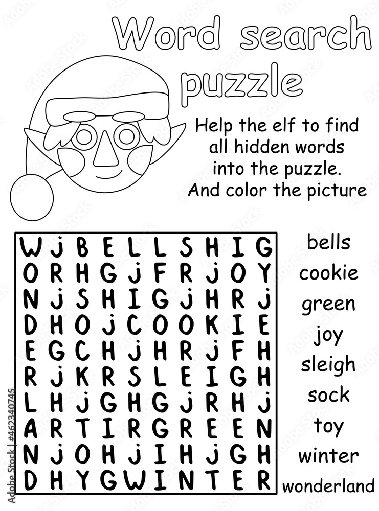 Word search puzzle for christmas vector illustration winter holidays activity page for children with word search puzzle and coloring educational printable worksheet for children vector vector