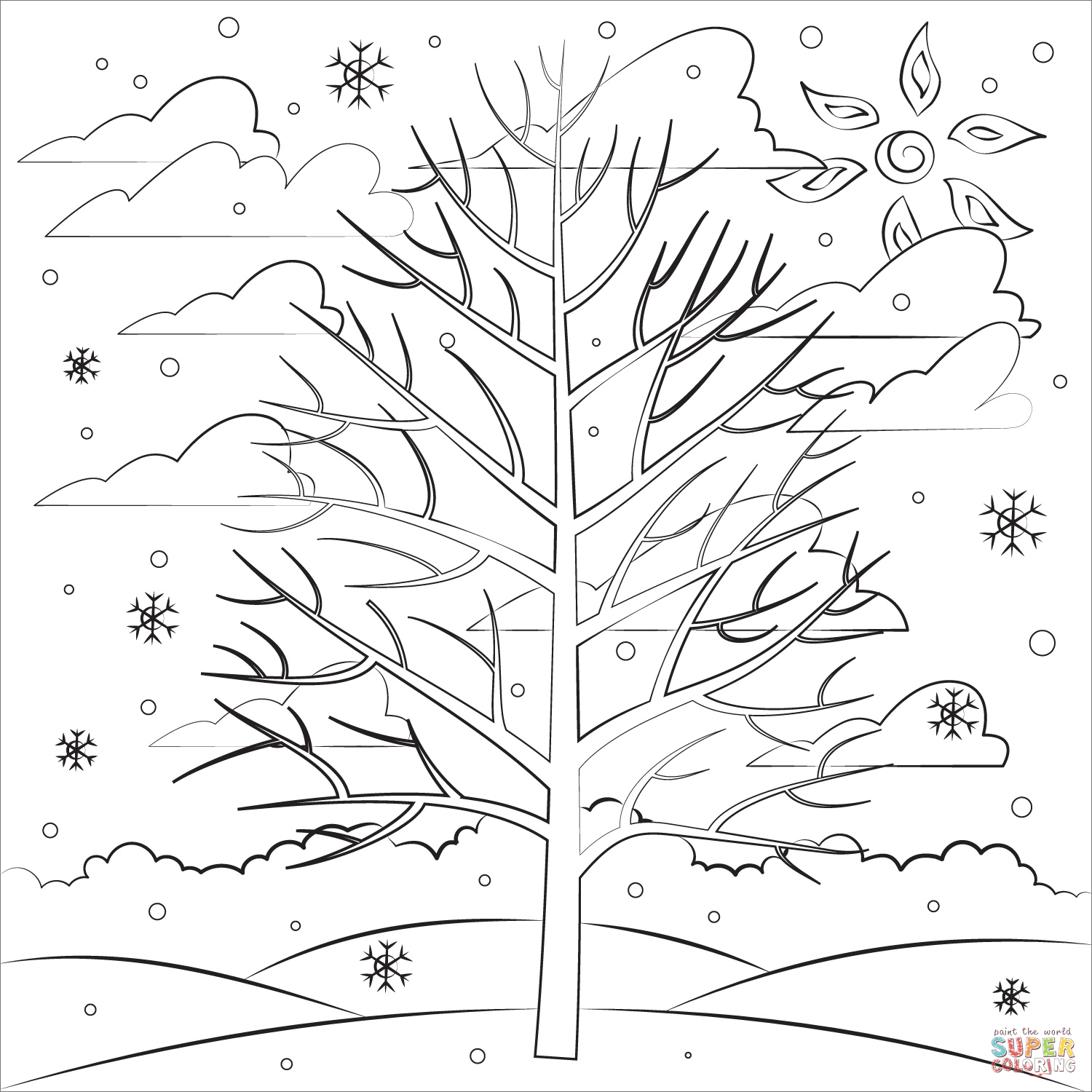 Winter tree coloring page free printable coloring pages