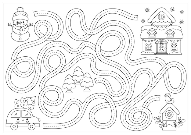 Premium vector christmas black and white maze for kids winter line holiday preschool printable activity with cute kawaii car tree decorated house new year labyrinth game puzzle or coloring page