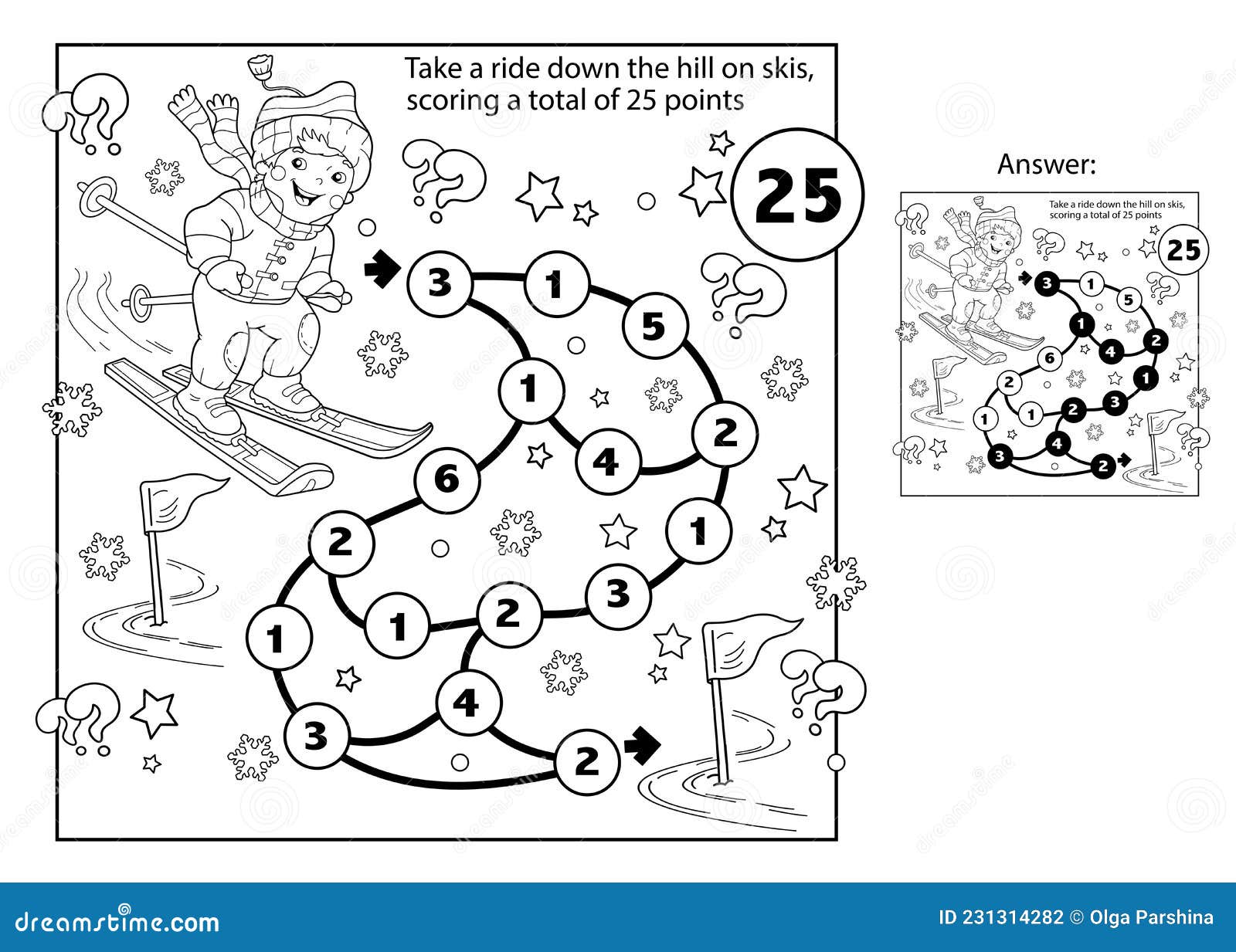 Math addition game puzzle for kids maze coloring page outline of cartoon boy skiing winter sports stock vector