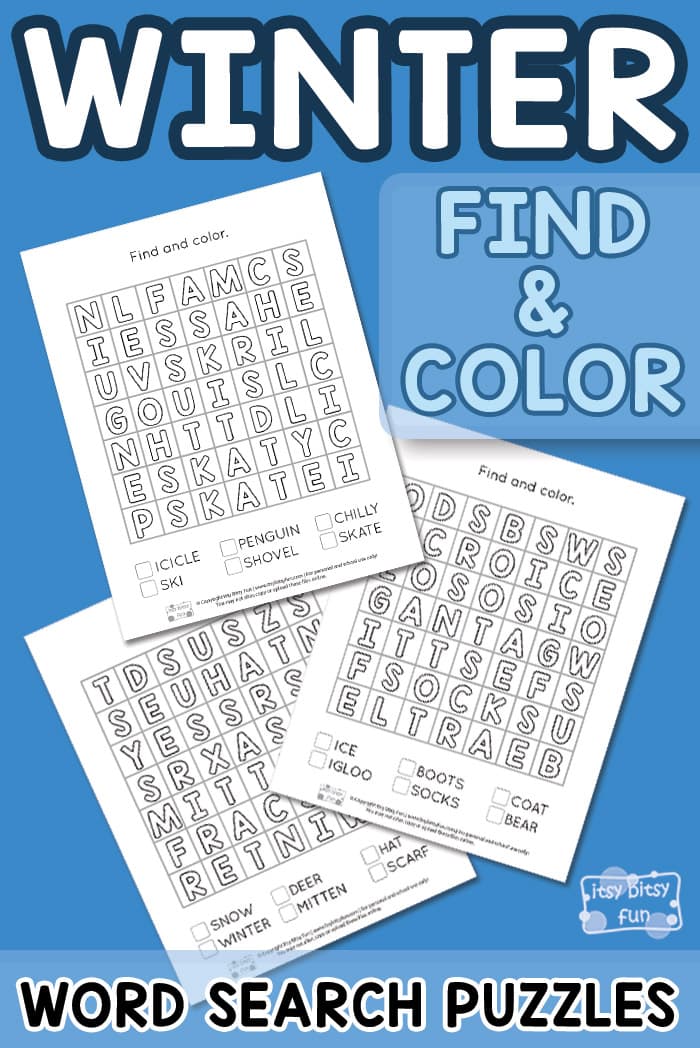 Winter find and color word search puzzles