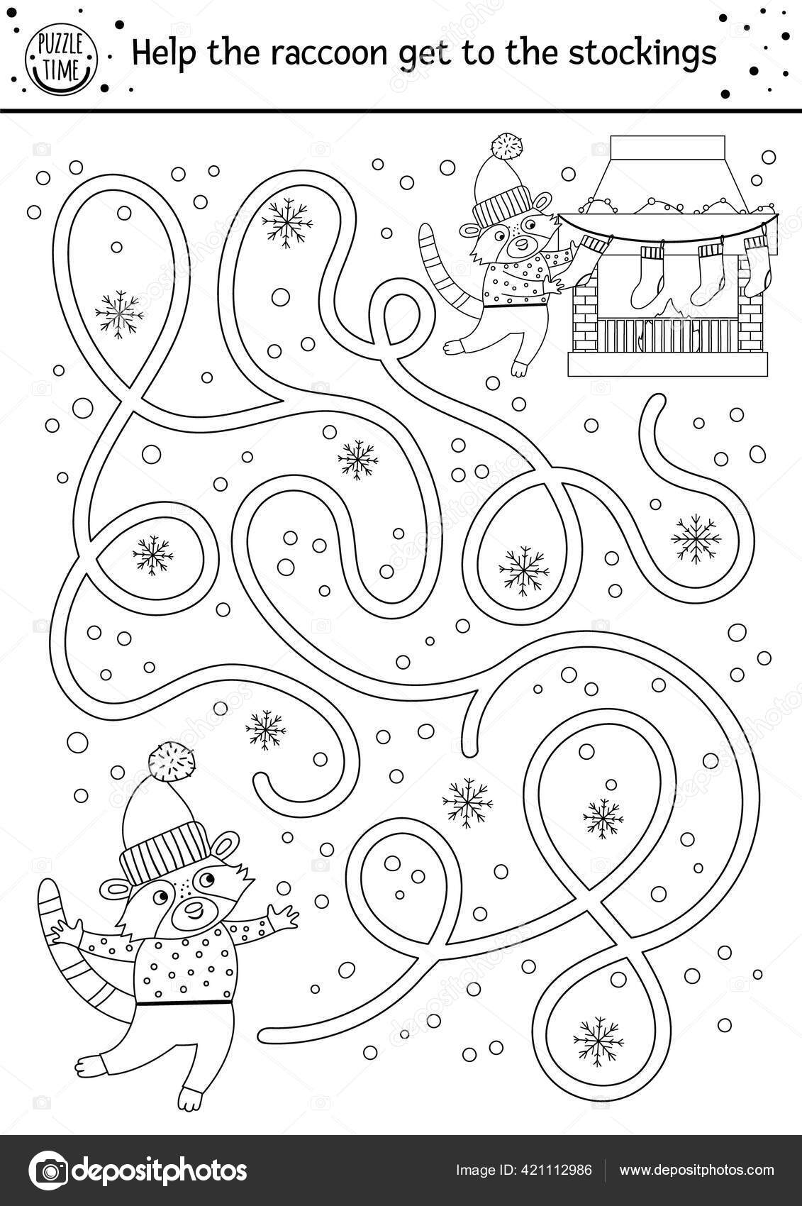 Christmas black white maze children winter new year preschool printable stock vector by lexiclaus