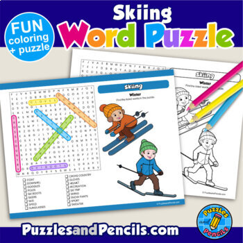 Skiing word search puzzle and coloring activity page winter season