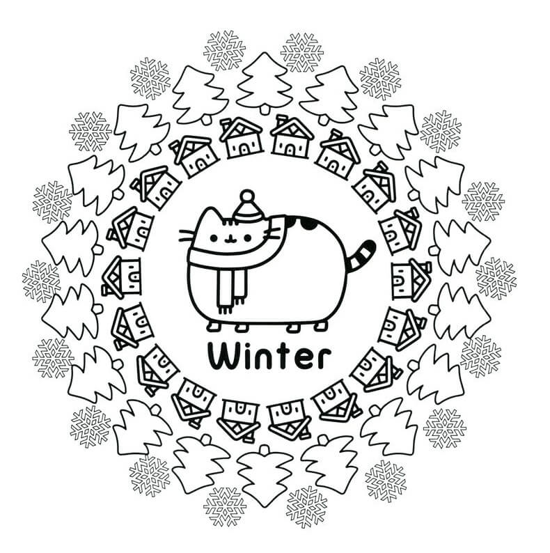 Pusheen in winter coloring page