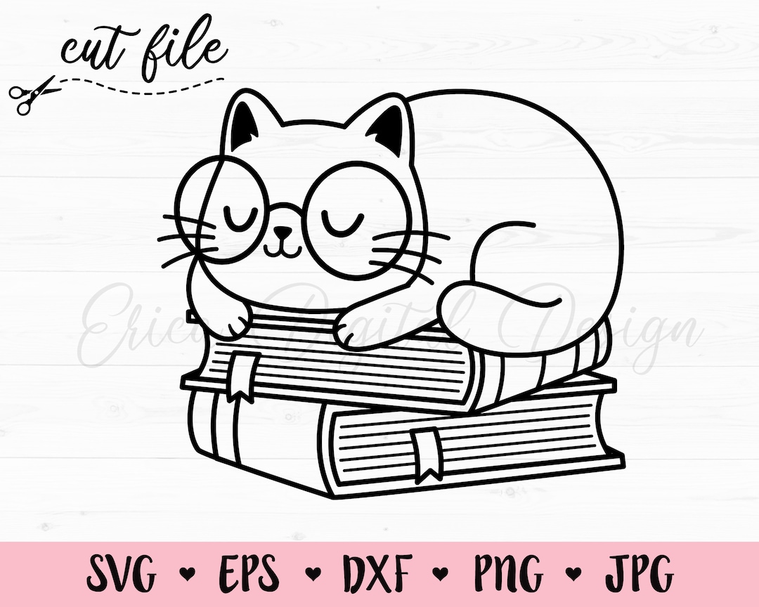 Cat svg cat on books cut file kawaii cat with glasses cutting file funny nerd cats cat lovers cat mama silhouette cricut vinyl t