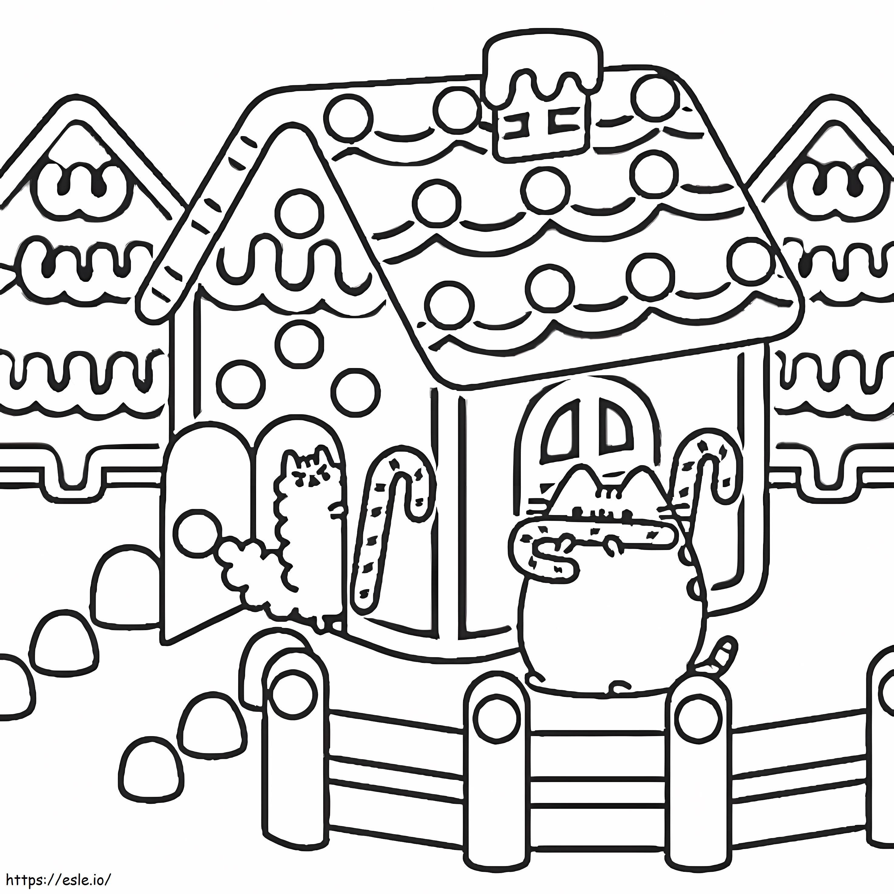 Pusheen and gingerbread house coloring page