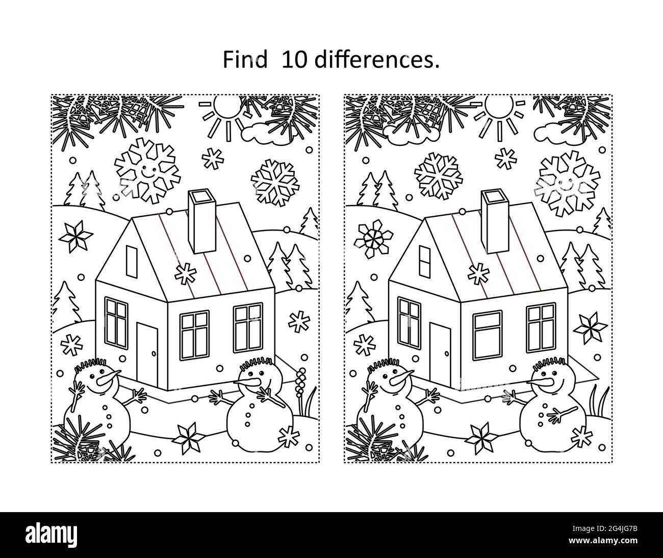 Find differences visual puzzle and coloring page with cabin in winter with two snowmen stock vector image art