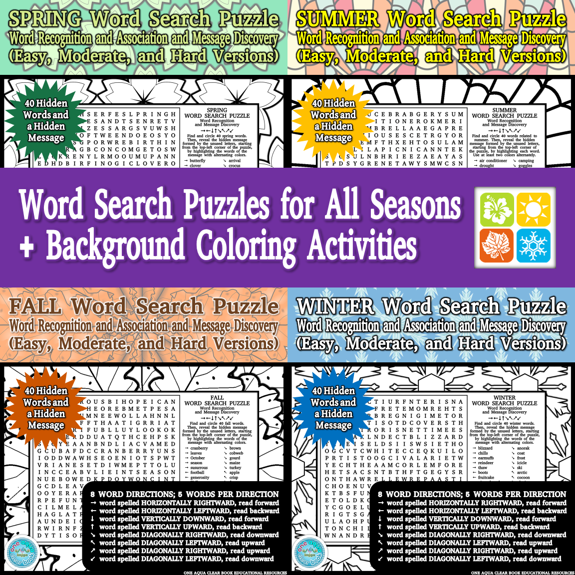 Spring summer autumn and winter word search puzzles background coloring activities made by teachers