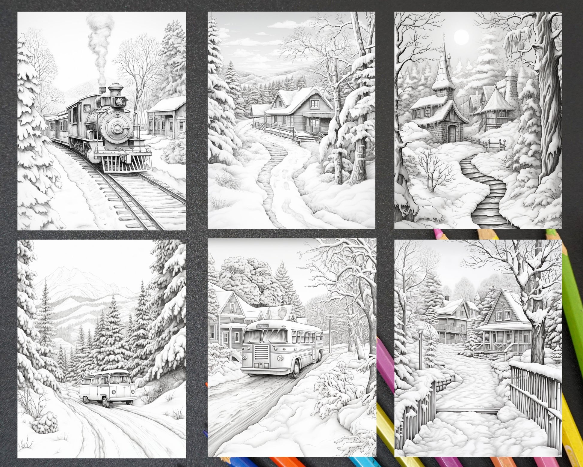 Winter scenery grayscale coloring pages printable relaxing snowy land â coloring