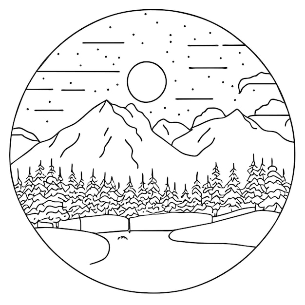 Premium vector a coloring book winter scene with a snowy landscape and a forest with a mountain in the background