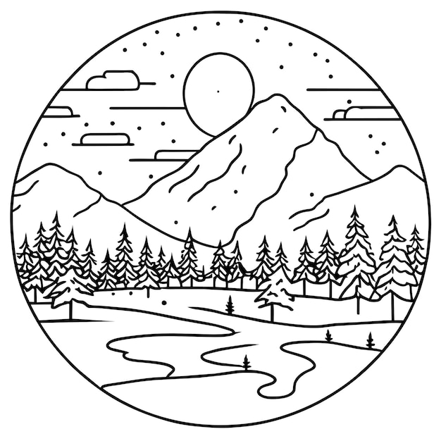 Premium vector a coloring book winter scene with a snowy landscape and a forest with a mountain in the background