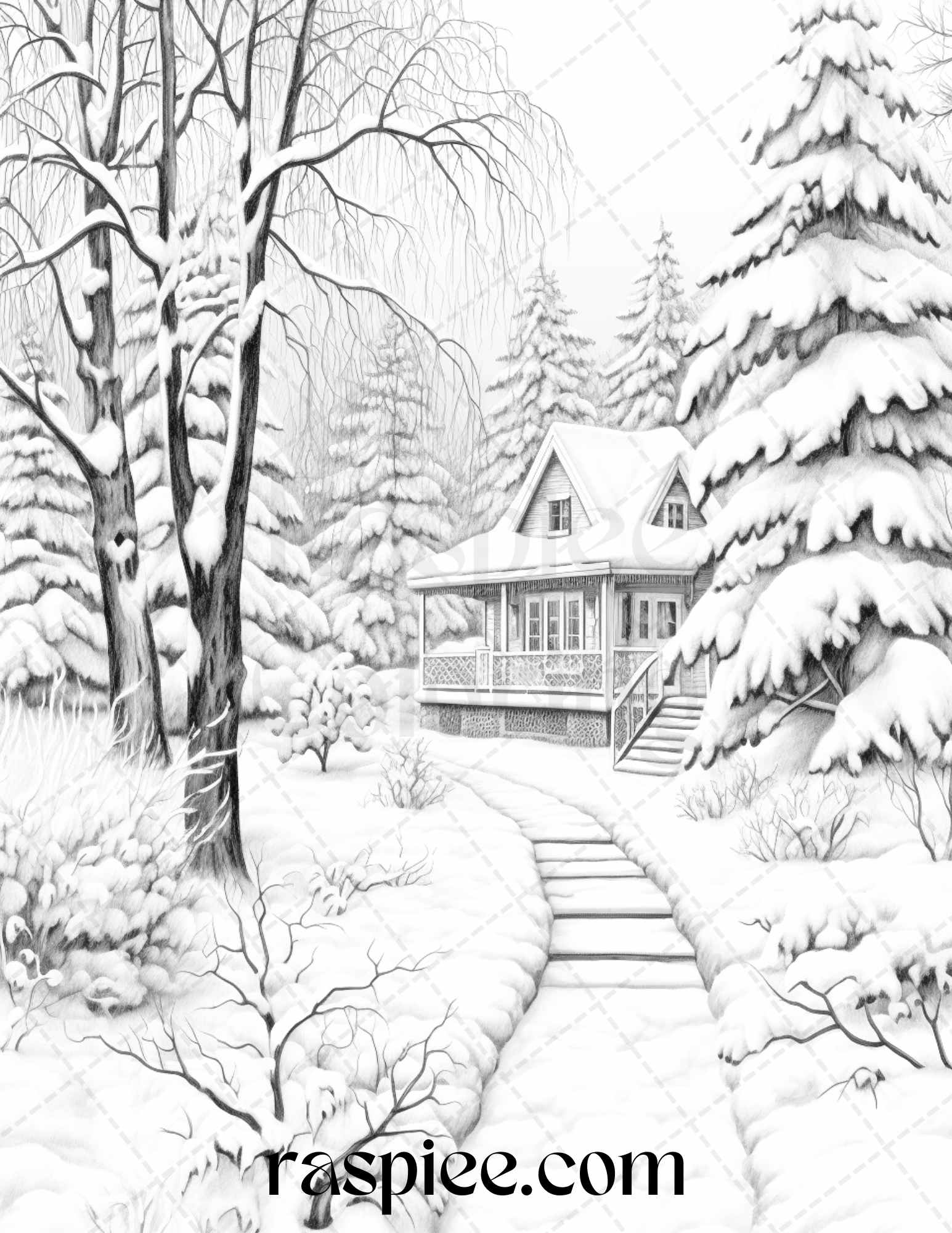 Winter scenery grayscale coloring pages printable relaxing snowy land â coloring