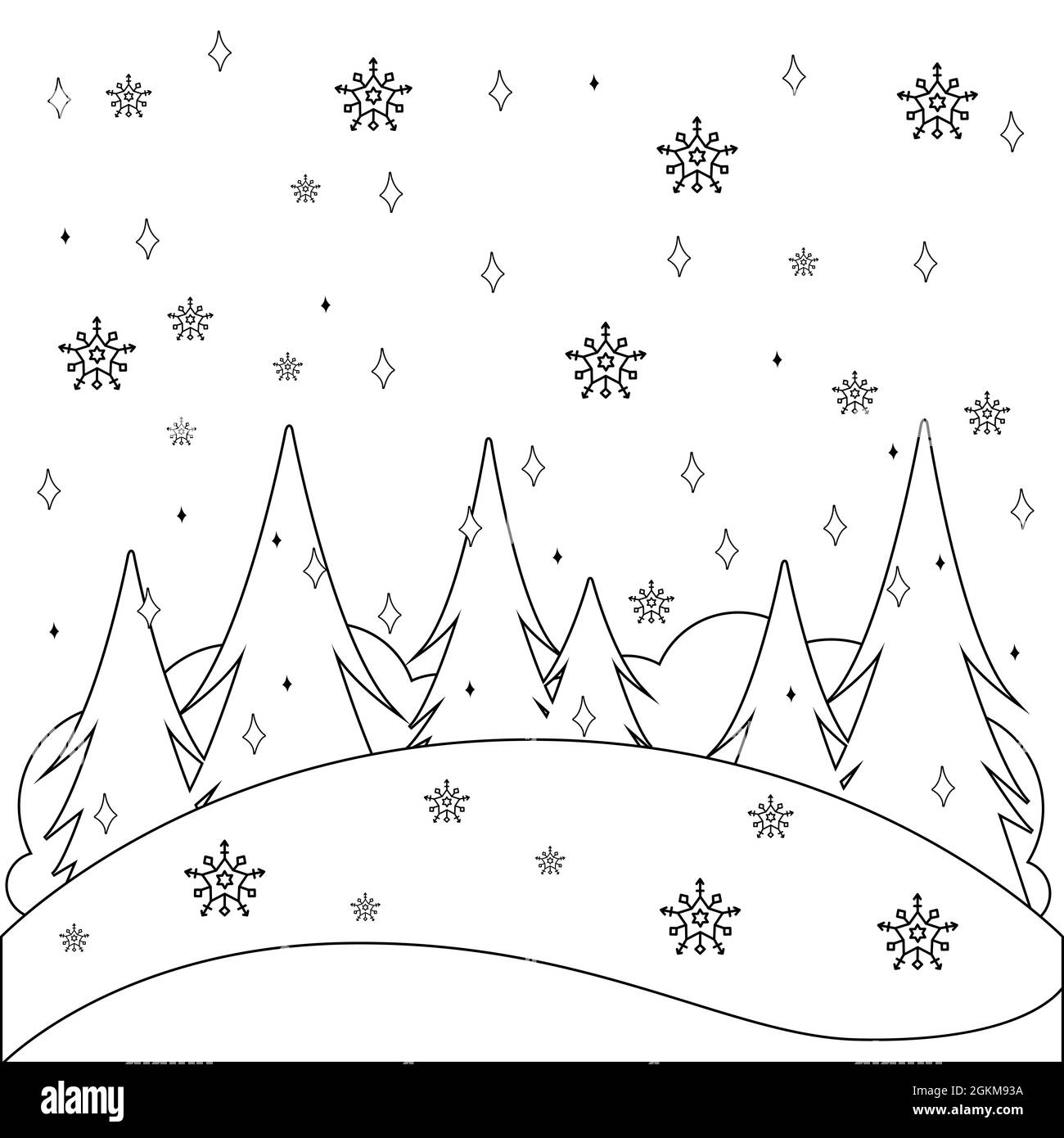 Winter landscape with snow black and white coloring page stock photo