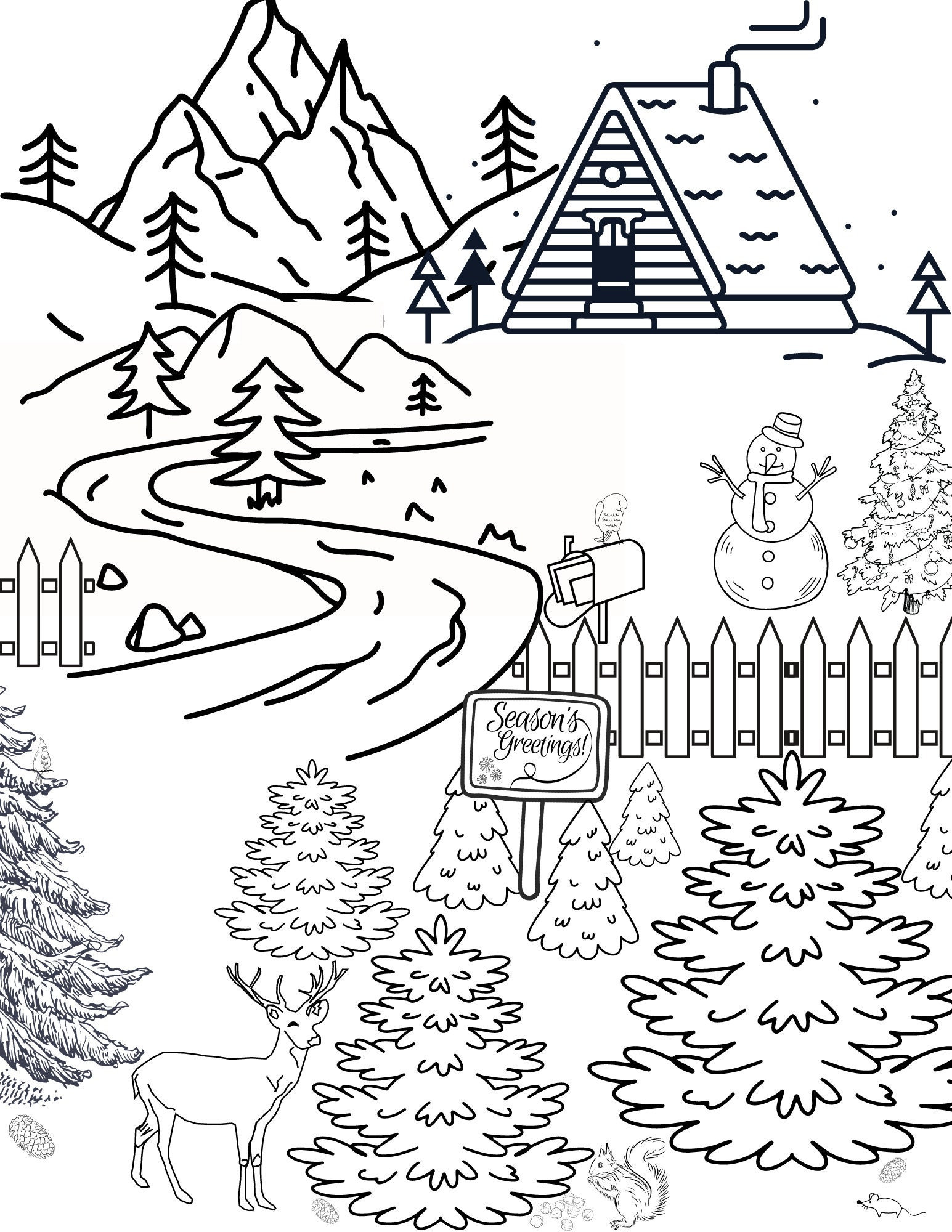 Winter scene coloring page adult fun christmas holiday deer cabin snow trees mountains snowman