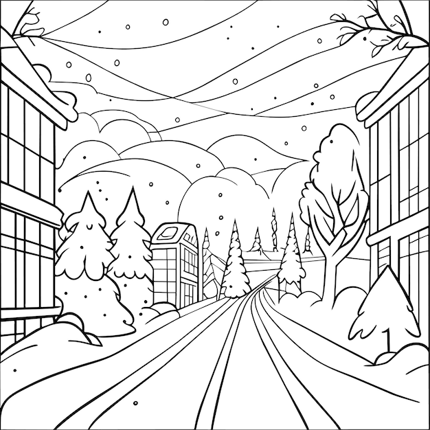 Premium vector a coloring book winter scene with a snowy landscape and a forest with a mountain in the background