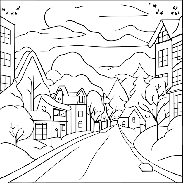 Premium vector a coloring book winter scene with a snowy landscape and a forest with a mountain in the background