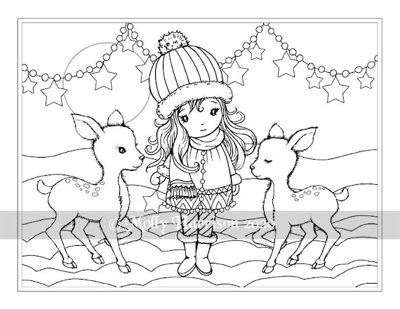 Cute winter scene instant download line art coloring page whimsical girl with two little fawns molly harrison fantasy art